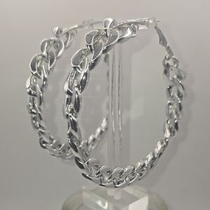 (E109) New Chunky Silver Chain-Link Oversized Hoop Earrings